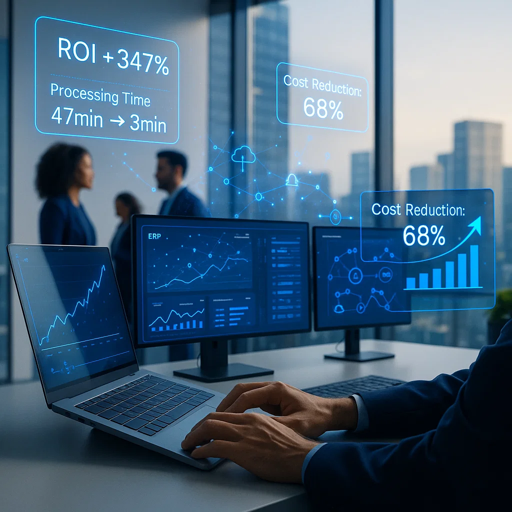 ERP v2Nexus - Resultados comprovados: ROI +347%, redução de tempo de processamento de 47min para 3min, redução de custos de 68%